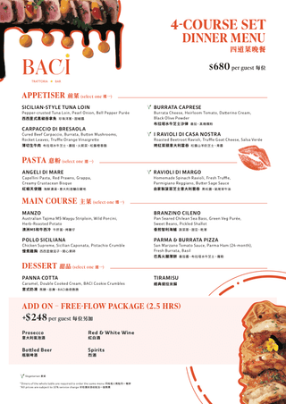 BACI 4-Course Set Dinner Menu and 2.5 Hours Free-Flow Package - Lan Kwai Fong