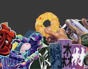 Pineapple, aeroplane and nightlife details in the 1990s to 2000s street art.