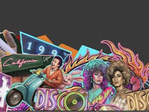 The California sign, a Vespa and colourful disco lettering in the 1970s to 1980s street art.